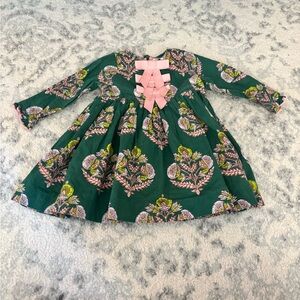 Floral Green Dress with Pink Bow by Pink Chicken 6/12M